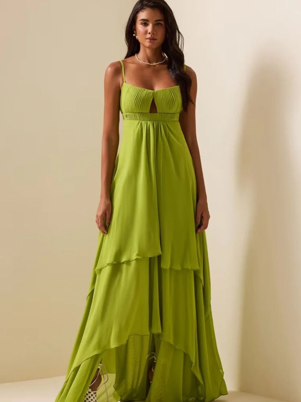 NWT JARDINVUE Noëlie Pleated Cut-Out Maxi Dress in Green